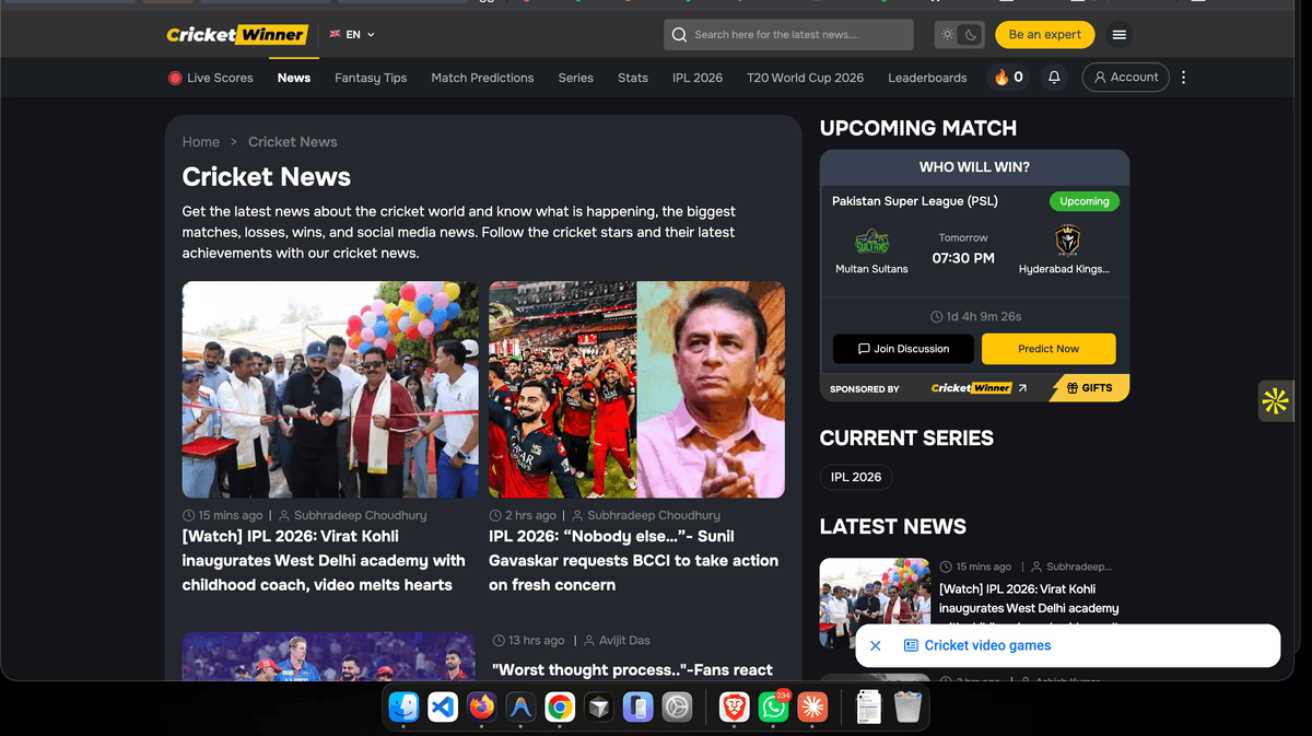 Cricket Winner dark mode — same product, full design-token parity