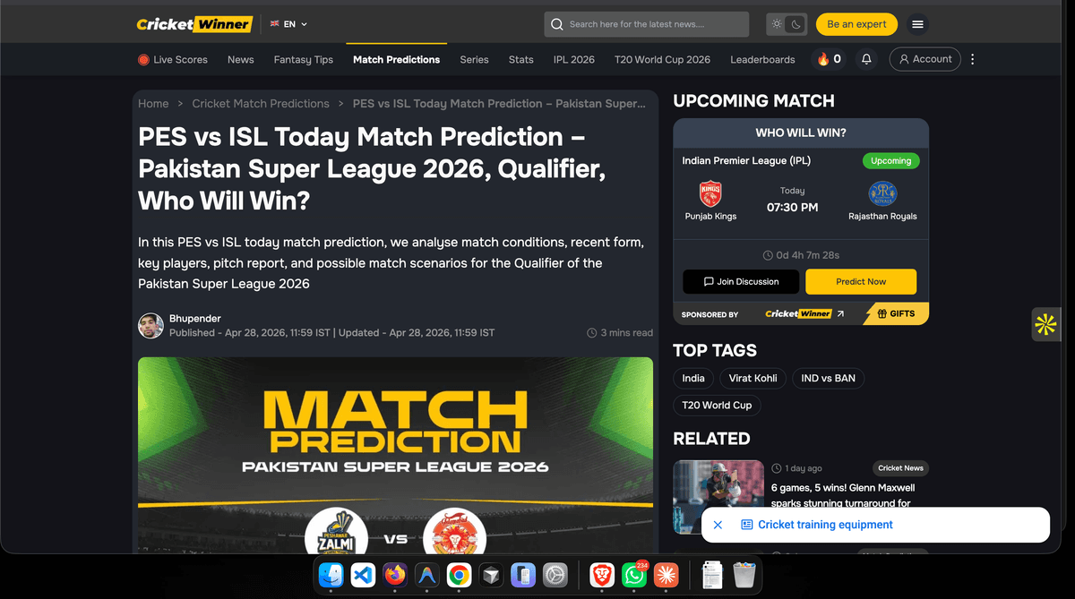 Cricket Winner match prediction article — full editorial CMS rendering with related links