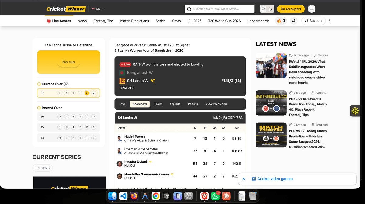 Cricket Winner live scorecard — Bangladesh W vs Sri Lanka W T20I — sub-second WebSocket score sync