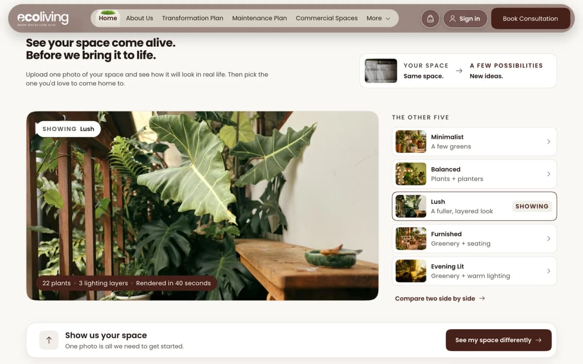 Ecoliving website — AI preview of your own space