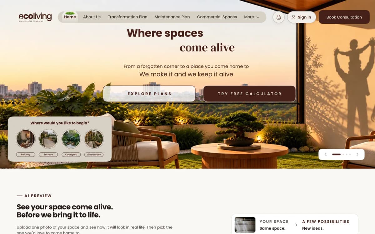 Ecoliving website — the homepage