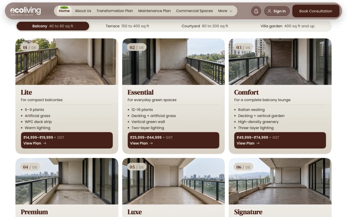 Ecoliving website — plans by space type