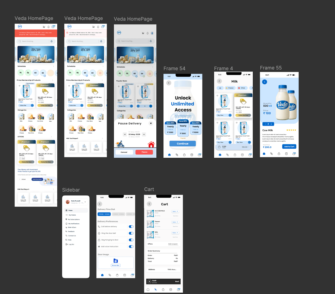 Veda Milk Figma file — three-app D2C dairy subscription design system (customer, delivery, admin)