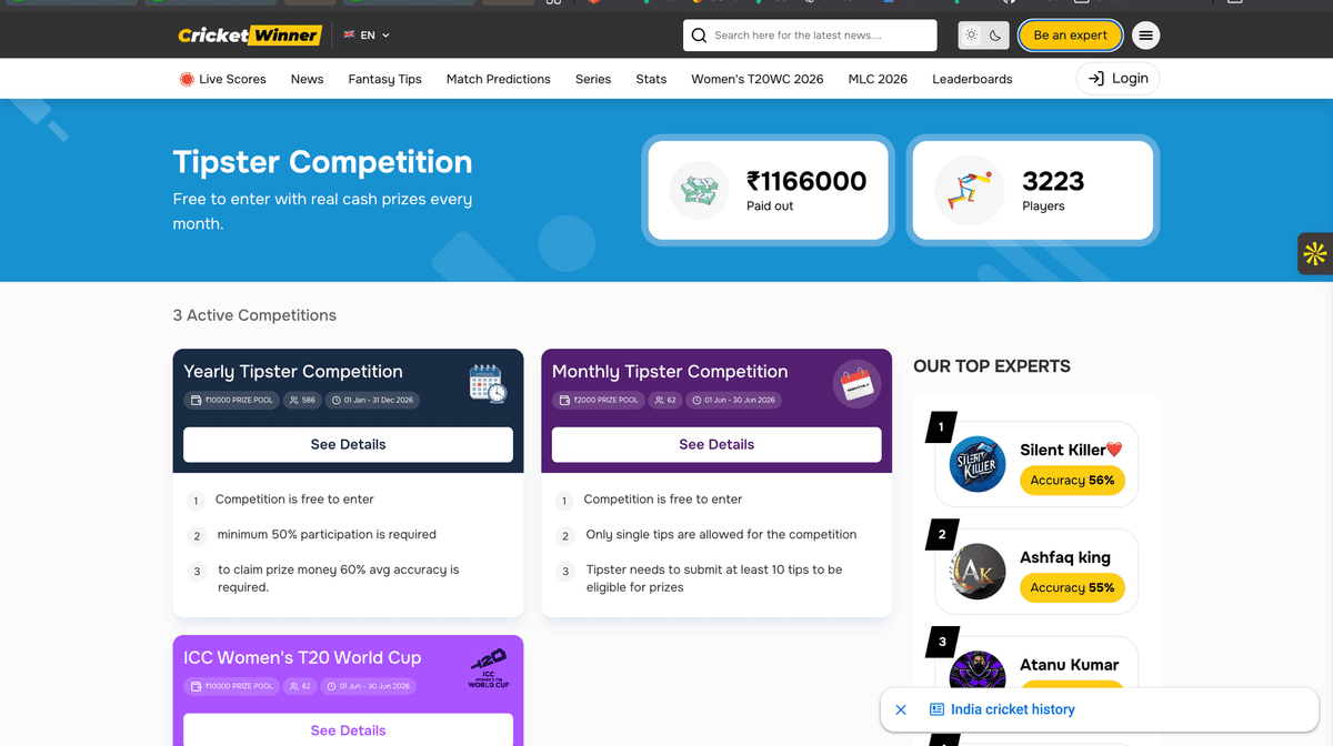 Cricket Winner tipster competition